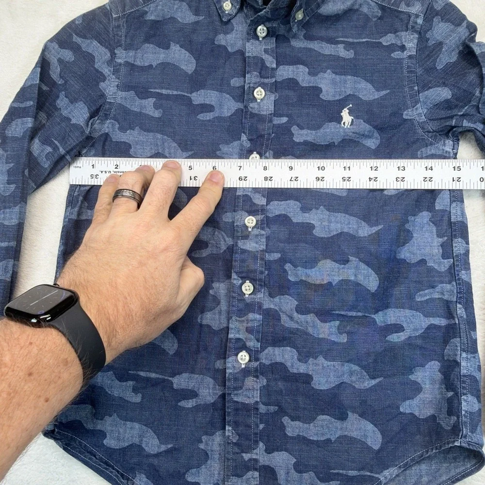 Ralph Lauren Boys Blue Camo Camouflage Button Down Shirt Pony Logo Small